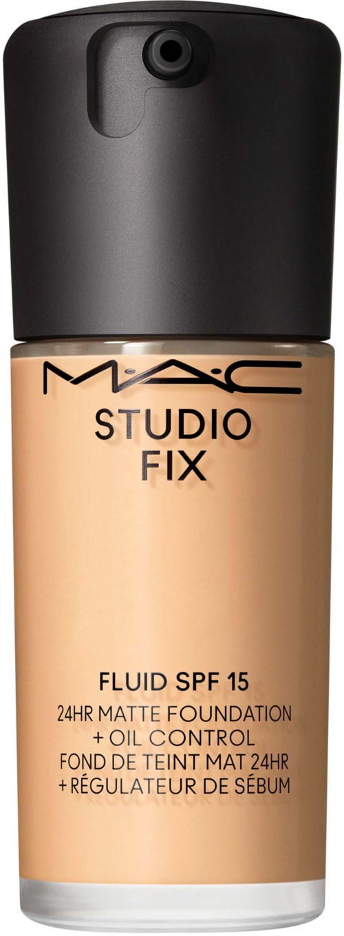 A bottle of MAC Studio Fix 24-hour matte foundation with SPF 15 and oil control. Black cap, beige bottle.