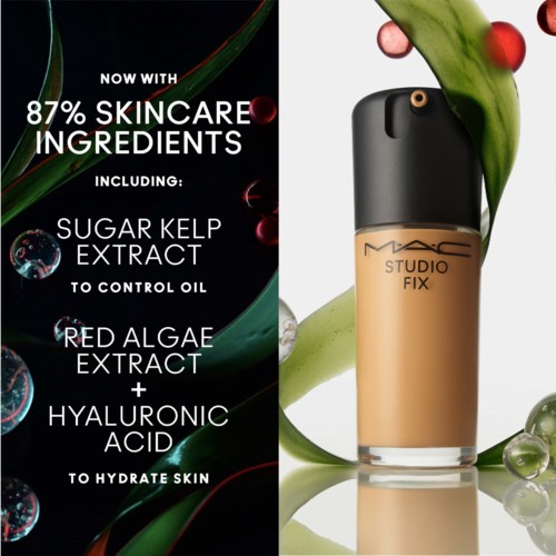 A makeup bottle with natural plant and water elements, promoting skincare with 87% ingredients like algae and hyaluronic acid.