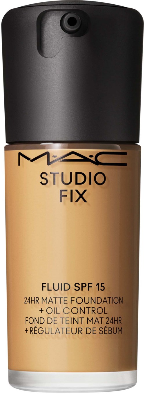 A foundation bottle with a black pump cap, labeled MAC Studio Fix, SPF 15, oil control, matte finish.
