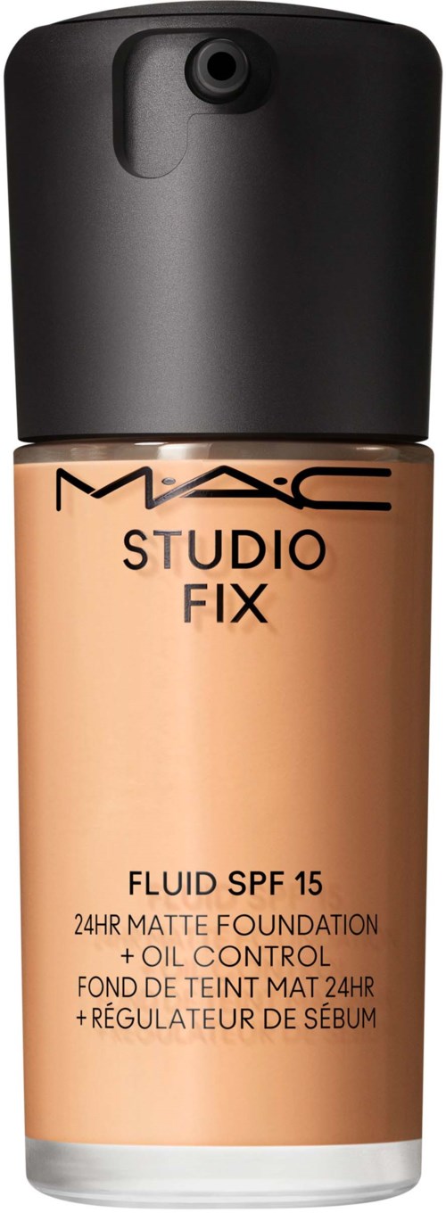 A bottle of MAC Studio Fix foundation with SPF 15 and oil control, matte finish, and 24-hour wear.