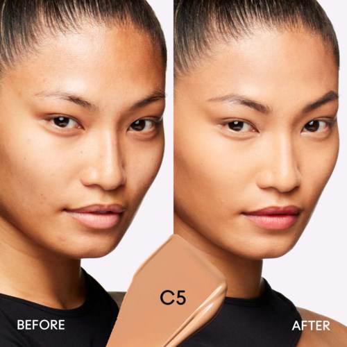 Side-by-side comparison shows a woman's face before and after makeup, with smoother skin and enhanced features after. Also, a foundation bottle labeled 'C5' is visible.