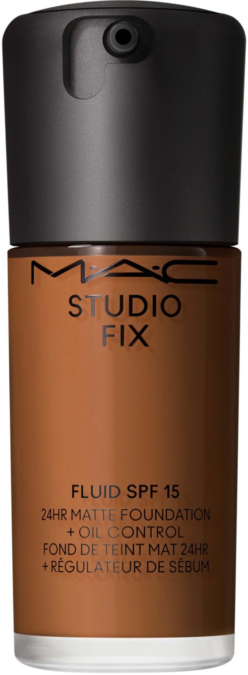 A bottle of MAC Studio Fix foundation with SPF 15, designed for matte finish and oil control.