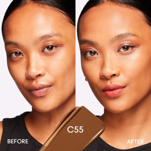 A woman with clearer skin and makeup applied in the after photo. Before looks more natural.