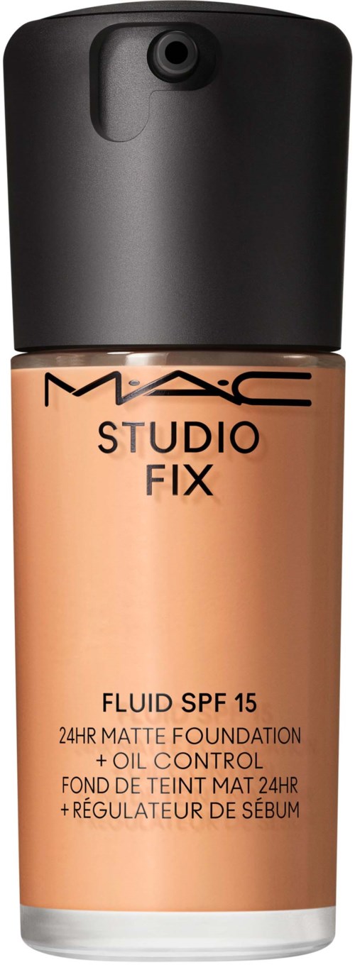 A foundation bottle labeled MAC Studio Fix with SPF 15, matte finish, oil control, and 24-hour wear.