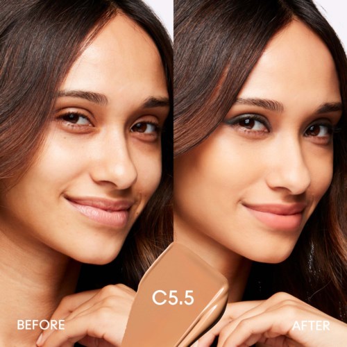 Two side-by-side photos of a woman showing her before and after using a skincare product for better skin.