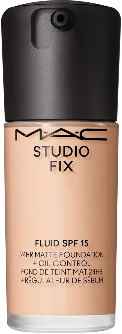 A foundation bottle with pump, labeled MAC Studio Fix, offers 24-hour matte coverage, SPF 15, and oil control.