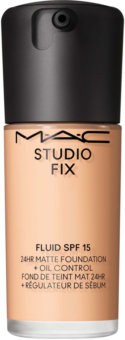 A bottle of MAC Studio Fix liquid foundation with SPF 15 and matte finish. Black cap and beige bottle.