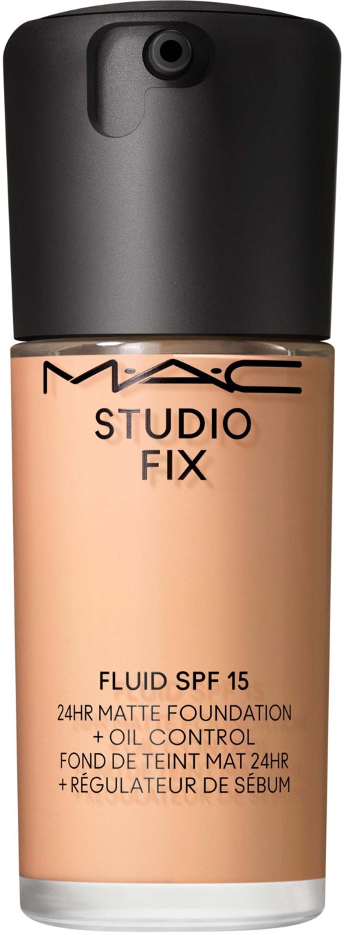 A bottle of MAC Studio Fix foundation with SPF 15, oil control, and matte finish.