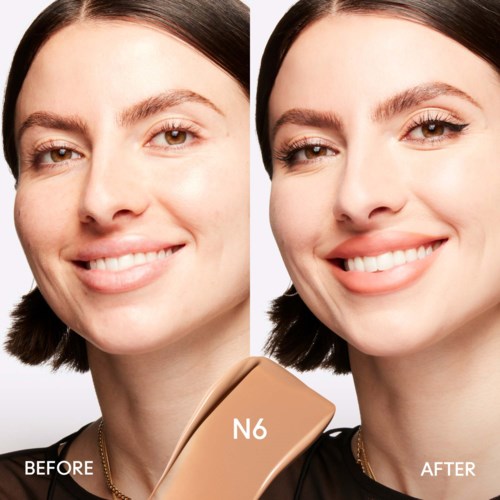 Before and after photos showing a woman with clear, smooth skin using N6 skincare product.