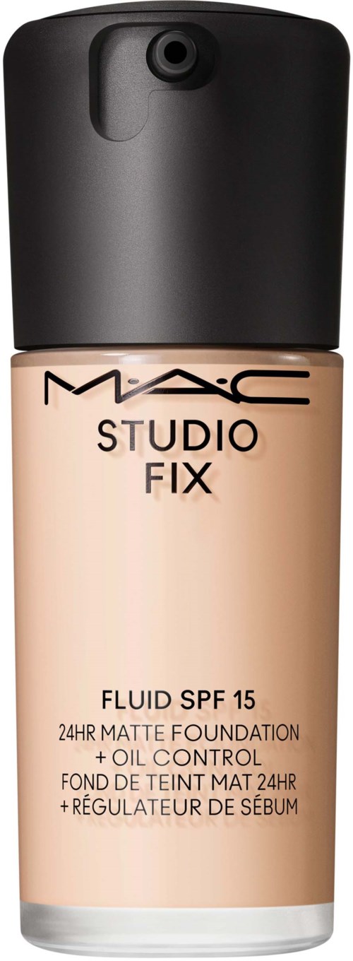 A bottle of MAC Studio Fix liquid foundation with SPF 15 and oil control, in a beige shade with black cap.