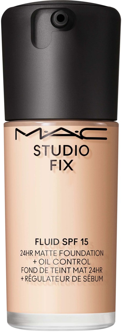 A bottle of MAC Studio Fix liquid foundation with SPF 15 and oil control, in beige color, with black cap.