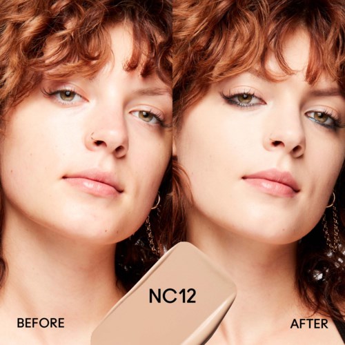 A woman with curly hair shows a before and after makeup transformation, holding a beige product labeled 'NC12.'