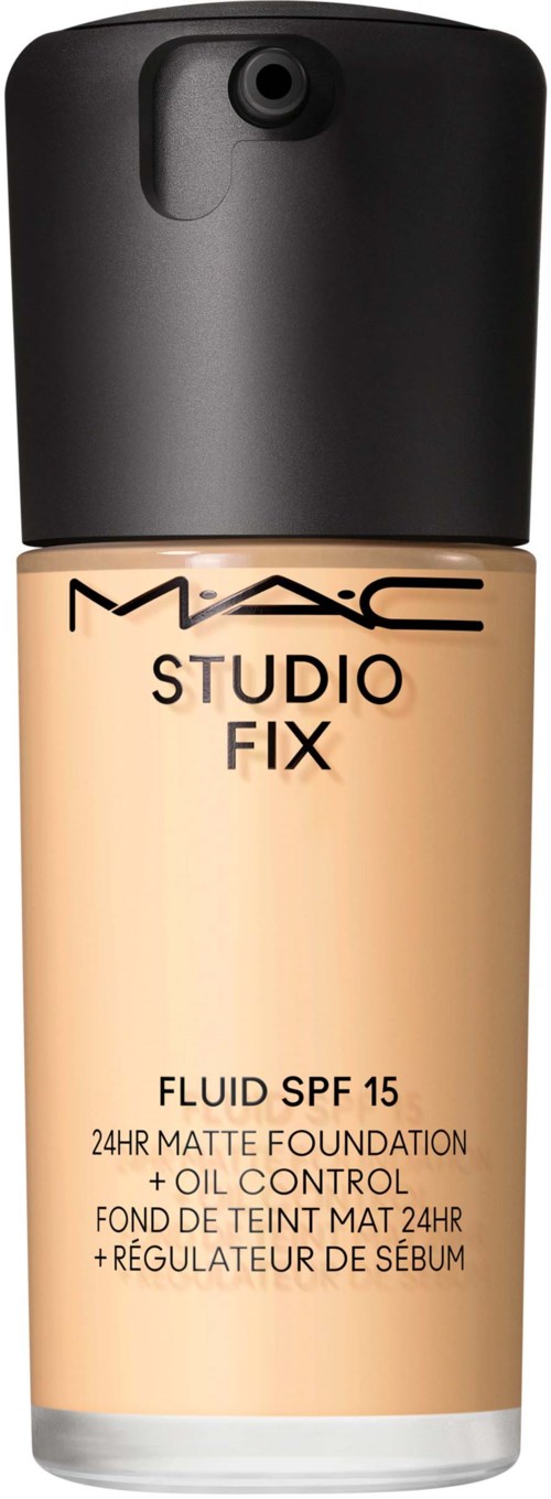 A foundation bottle with a black cap, beige body, MAC Studio Fix branding, SPF 15, for matte finish, oil control.