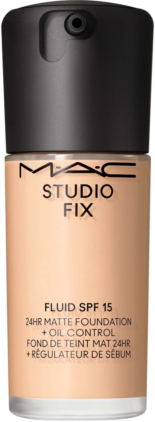 A bottle of MAC Studio Fix foundation with a black cap, labeled as SPF 15, oil control, and matte finish.