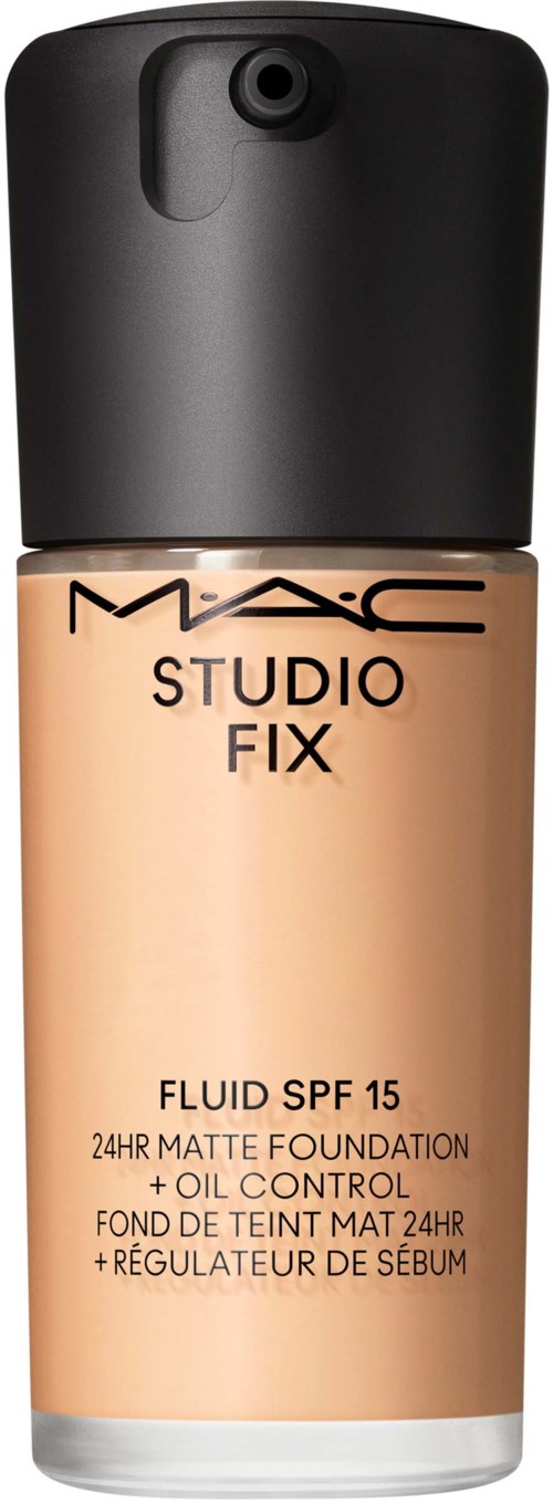 A bottle of MAC Studio Fix liquid foundation with SPF 15 and matte finish.