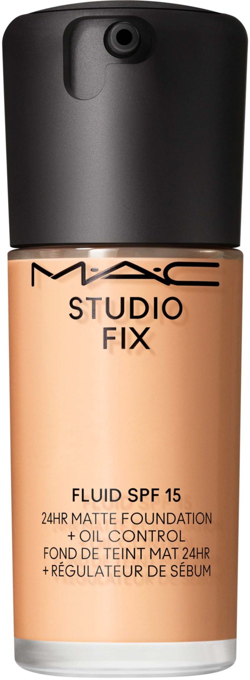 A bottle of MAC Studio Fix Foundation with SPF 15 and oil control, matte finish, suitable for 24-hour wear.