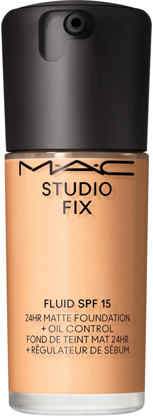 A foundation bottle with a black pump cap, labeled MAC Studio Fix, SPF 15, oil control, matte finish.
