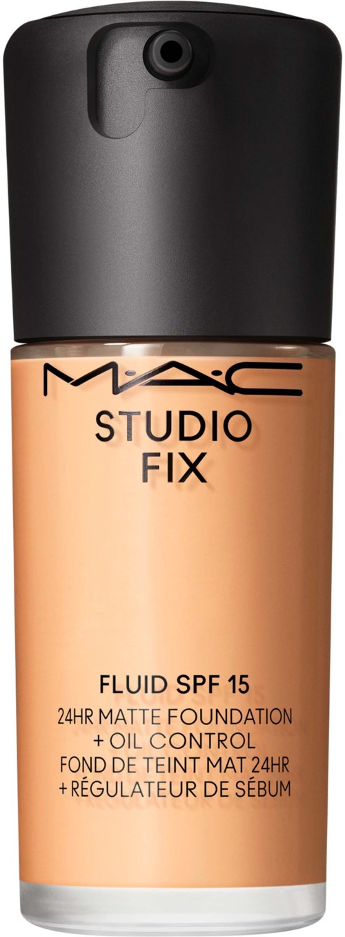 A bottle of MAC Studio Fix foundation, SPF 15, for matte finish and oil control, 24-hour wear.