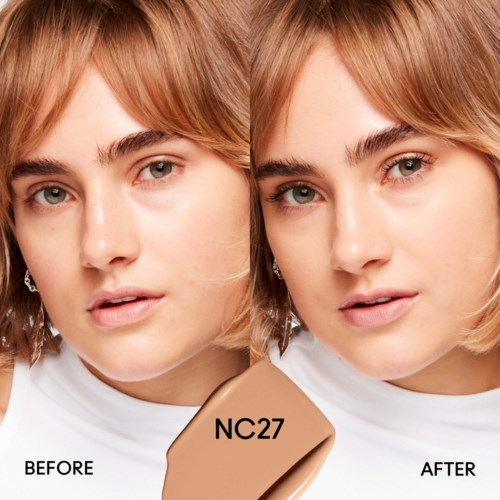 A woman with short, reddish hair shows a noticeable difference in skin tone, lightening after a cosmetic product application.