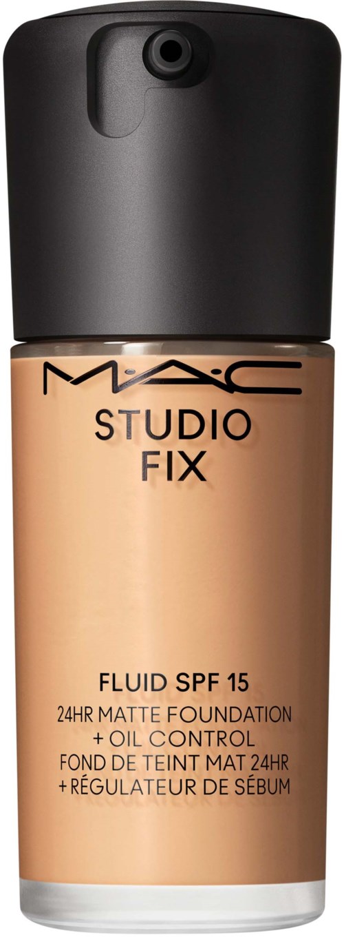 A bottle of MAC Studio Fix foundation with SPF 15, oil control, and matte finish from a professional makeup brand.
