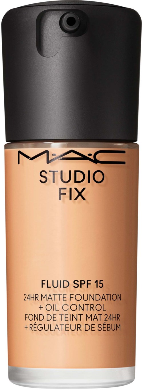 A bottle of MAC Studio Fix foundation with SPF 15 and oil control, in a pump container.