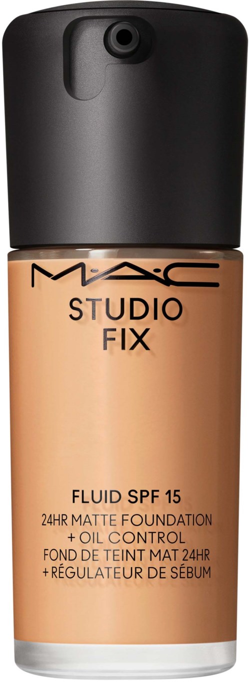 A bottle of MAC Studio Fix foundation with SPF 15 and oil control, in a beige shade with a black cap.