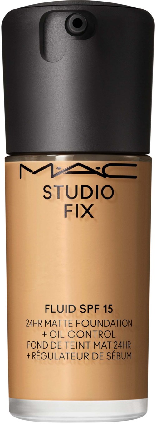 A bottle of MAC Studio Fix foundation with SPF 15 and oil control, designed for a matte finish.