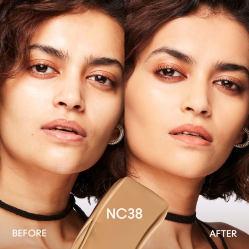 A woman shows a side-by-side comparison of her face before and after skincare, labeled NC38, with noticeable improvements.