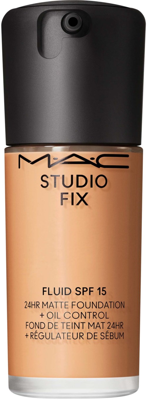 A foundation bottle labeled MAC Studio Fix, SPF 15, matte, oil control, 24-hour coverage.