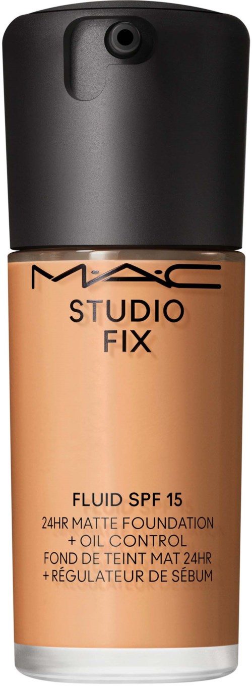 A bottle of MAC Studio Fix foundation with SPF 15 and oil control, designed for matte finish and 24-hour wear.