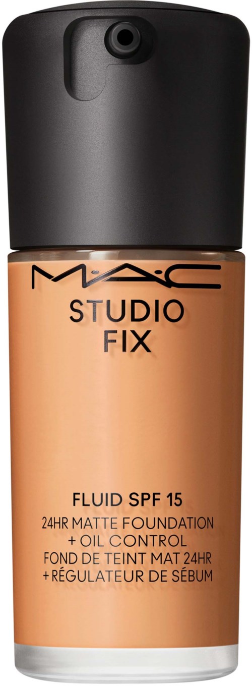 A foundation bottle labeled MAC Studio Fix with SPF 15, oil control, and matte finish. Black cap and beige bottle.