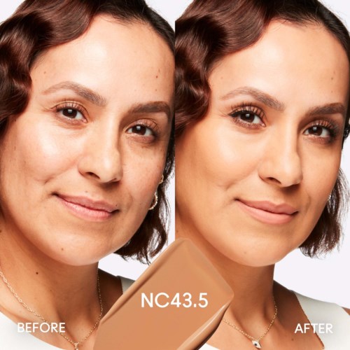 A woman has clearer skin and a brighter complexion after makeup or skincare improvement.
