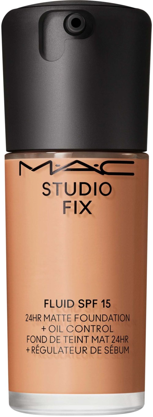 A bottle of MAC Studio Fix liquid foundation with SPF 15 and oil control, in a beige container with a black cap.