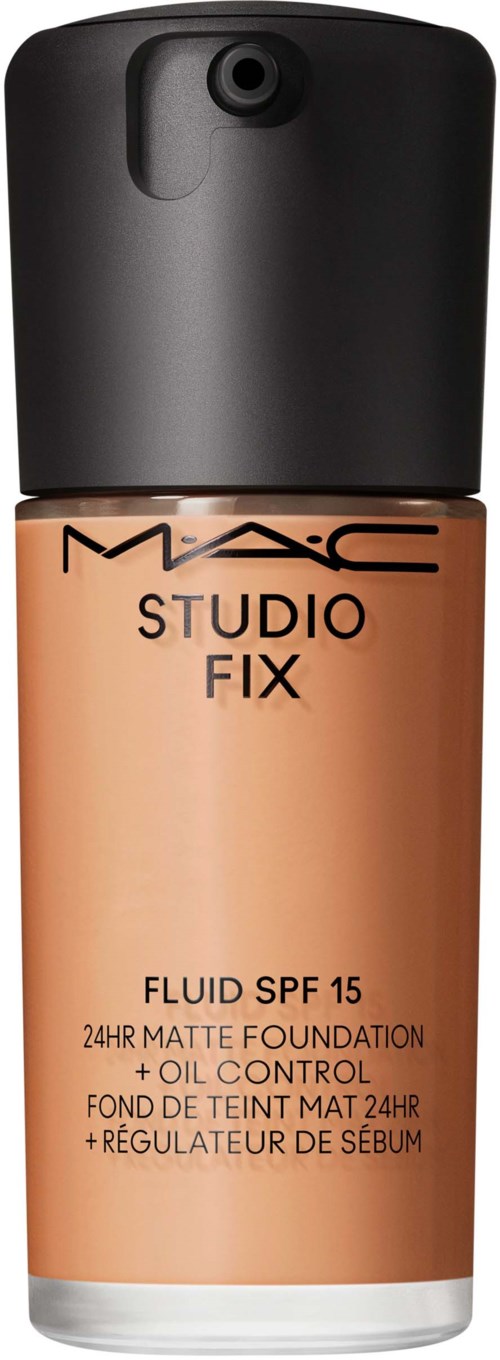 A bottle of MAC Studio Fix foundation with SPF 15 and oil control, in a beige shade.