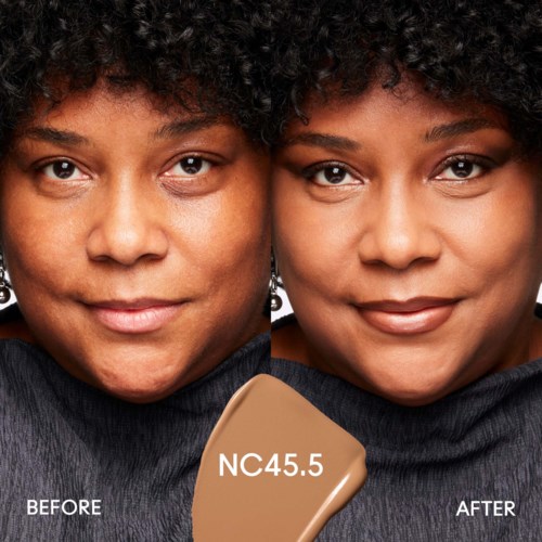 Before and after photos showing skin improvement, with a shade called NC45.5.