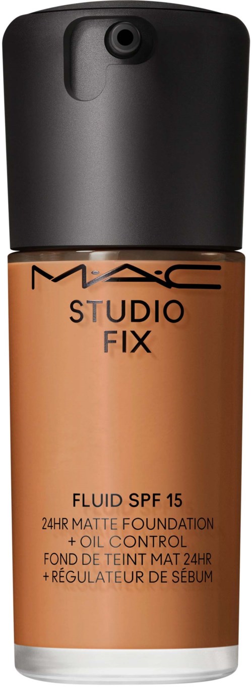 A foundation bottle with a black cap, labeled MAC Studio Fix, SPF 15, oil control, matte finish, 24-hour wear.