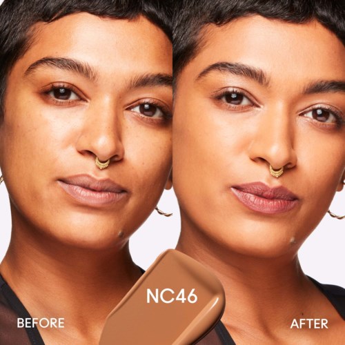 Before and after images of a woman showing skin improvement with makeup or skincare. She has short black hair, gold septum ring.
