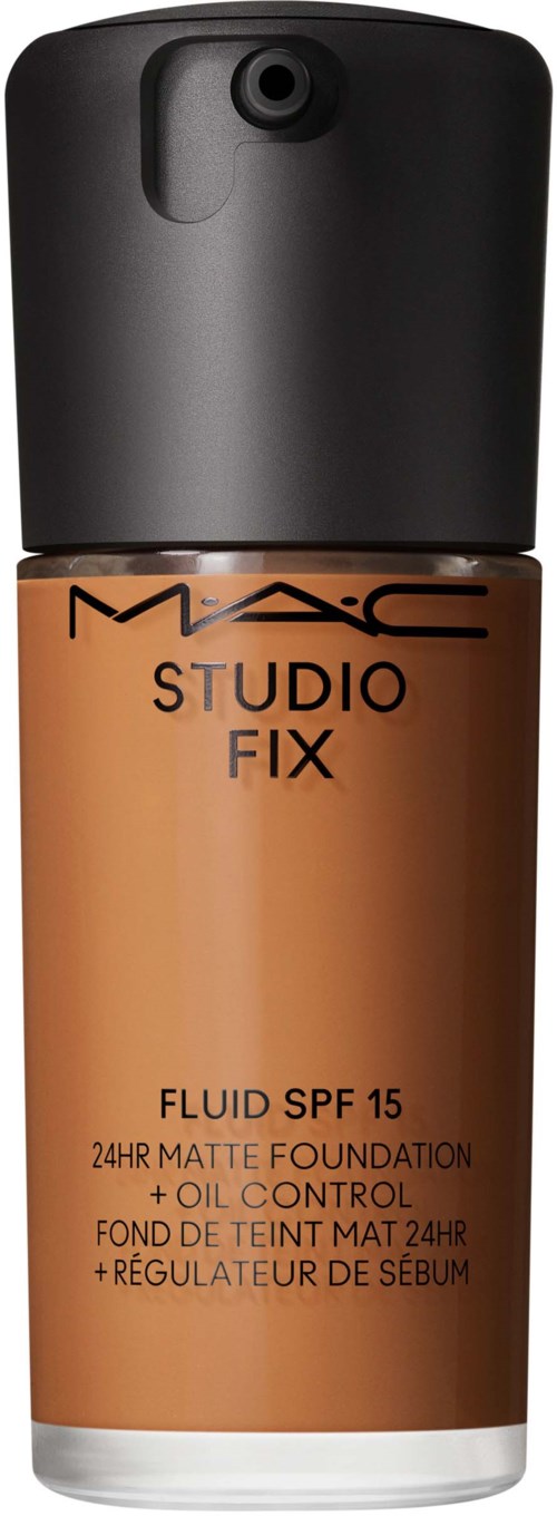 A foundation bottle labeled MAC Studio Fix, with SPF 15, oil control, and matte finish. Black cap and pump.
