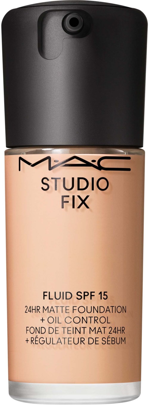 A bottle of MAC Studio Fix foundation with SPF 15, 24-hour matte finish, oil control, and black pump lid.