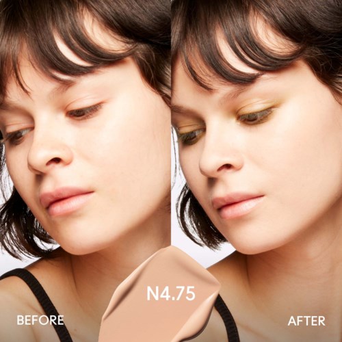 A woman with short dark hair shows a before and after skin treatment, highlighting her smoother complexion.