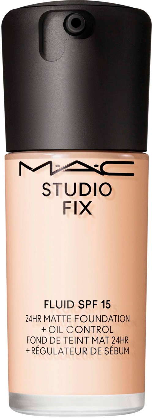 A bottle of MAC Studio Fix liquid foundation with SPF 15 and oil control, in a beige and black packaging.