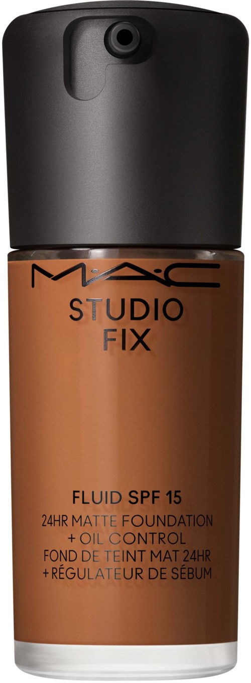 Bottle of MAC Studio Fix foundation with SPF 15, oil control, matte finish, 24-hour wear, and liquid texture.