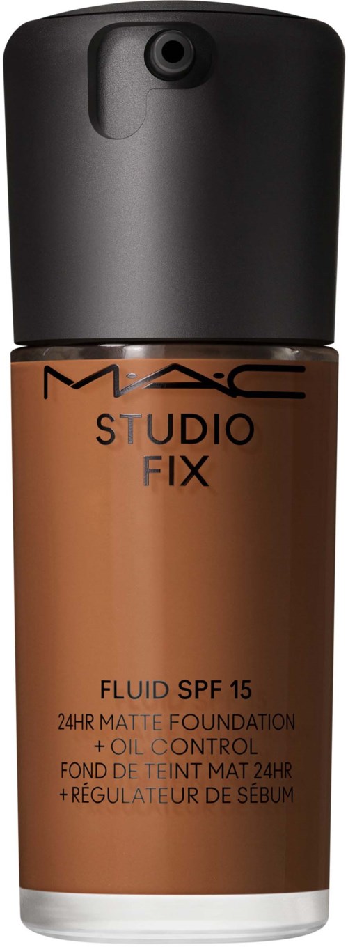 A bottle of MAC Studio Fix liquid foundation with SPF 15, matte finish, oil control, and 24-hour wear.