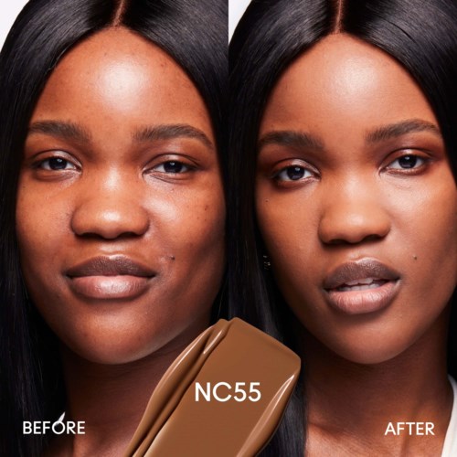 A woman showing a makeup transformation, with a logo labeled 'NC55' at the bottom. Before and after comparison.