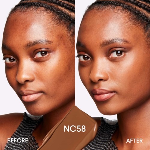 A woman shows clear skin improvement after using a product, with smooth skin, no acne, and a confident look.