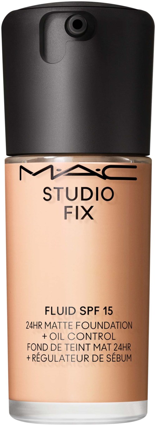 A foundation bottle with a black cap, labeled MAC Studio Fix, SPF 15, oil control, and matte finish.