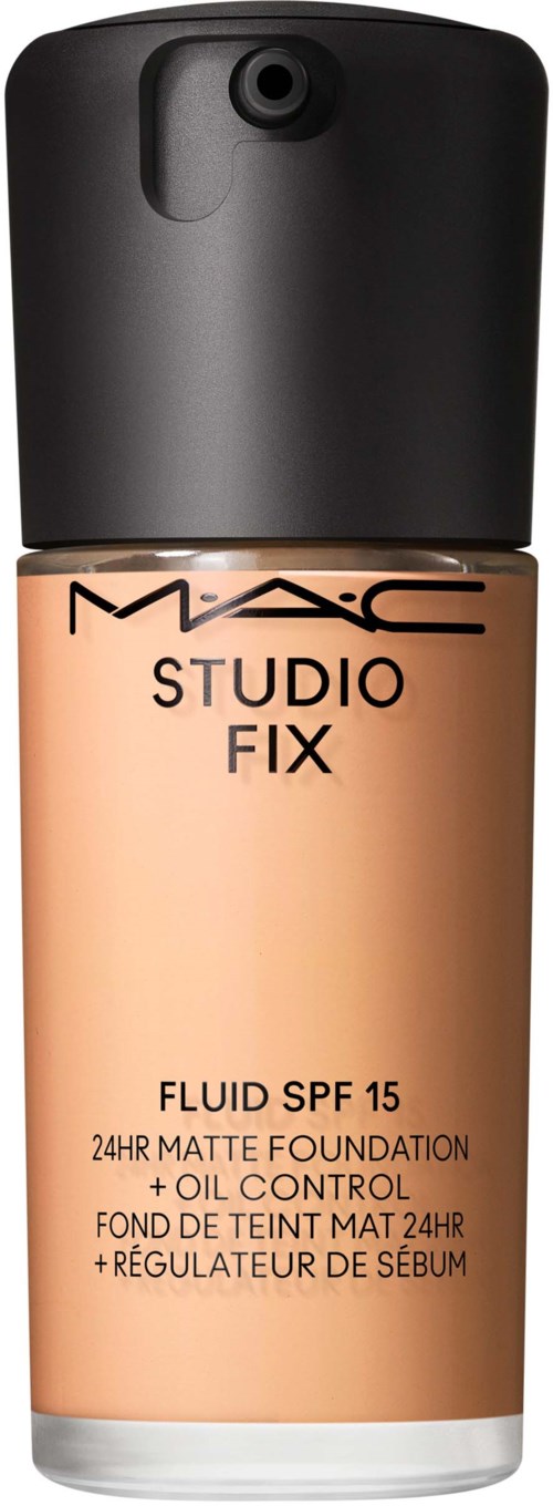 A bottle of MAC Studio Fix foundation with SPF 15 and oil control, in a beige container with a black cap.