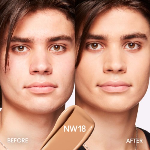 The image shows a side-by-side comparison of a person's face before and after using a beauty product. The product is labeled NW18.