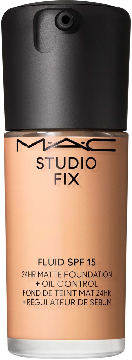A bottle of MAC Studio Fix liquid foundation with SPF 15, oil control, and matte finish.