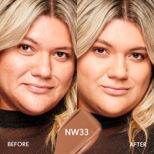 Side-by-side photos showing skin improvement after applying a cosmetic product, labeled NW33. Before and after comparison.